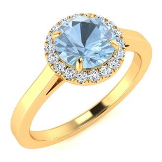 Aquamarine Ring: Aquamarine Jewelry: 1 Carat Round Shape Aquamarine and Halo Diamond Ring In 14 Karat Yellow Gold