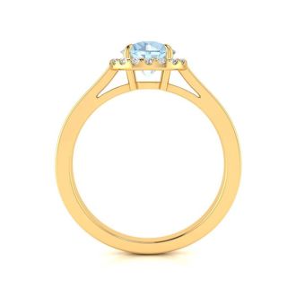 Aquamarine Ring: Aquamarine Jewelry: 1 Carat Round Shape Aquamarine and Halo Diamond Ring In 14 Karat Yellow Gold
