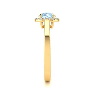 Aquamarine Ring: Aquamarine Jewelry: 1 Carat Round Shape Aquamarine and Halo Diamond Ring In 14 Karat Yellow Gold