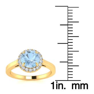 Aquamarine Ring: Aquamarine Jewelry: 1 Carat Round Shape Aquamarine and Halo Diamond Ring In 14 Karat Yellow Gold