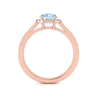 Aquamarine Ring: Aquamarine Jewelry: 1 Carat Round Shape Aquamarine and Halo Diamond Ring In 14 Karat Rose Gold