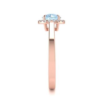 Aquamarine Ring: Aquamarine Jewelry: 1 Carat Round Shape Aquamarine and Halo Diamond Ring In 14 Karat Rose Gold
