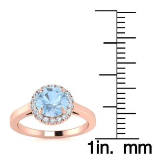 Aquamarine Ring: Aquamarine Jewelry: 1 Carat Round Shape Aquamarine and Halo Diamond Ring In 14 Karat Rose Gold