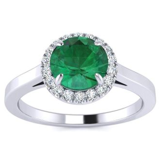 1 Carat Round Shape Emerald and Halo Diamond Ring In 14 Karat White Gold
