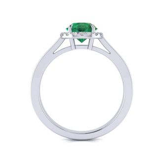 1 Carat Round Shape Emerald and Halo Diamond Ring In 14 Karat White Gold
