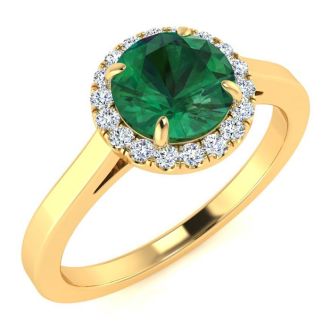 1 Carat Round Shape Emerald and Halo Diamond Ring In 14 Karat Yellow Gold