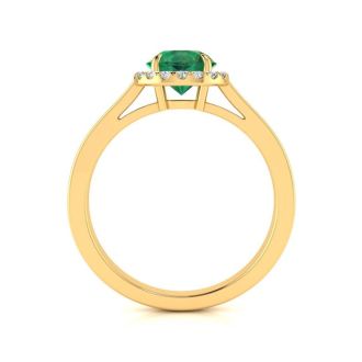 1 Carat Round Shape Emerald and Halo Diamond Ring In 14 Karat Yellow Gold