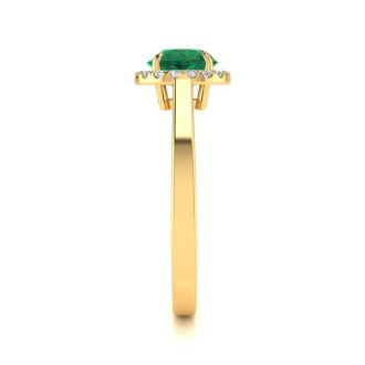 1 Carat Round Shape Emerald and Halo Diamond Ring In 14 Karat Yellow Gold