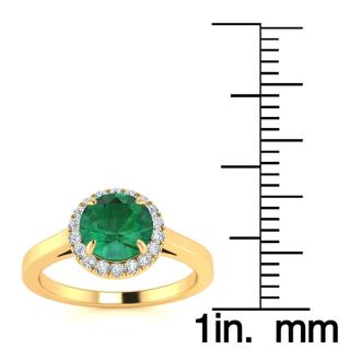 1 Carat Round Shape Emerald and Halo Diamond Ring In 14 Karat Yellow Gold