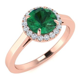 1 Carat Round Shape Emerald and Halo Diamond Ring In 14 Karat Rose Gold