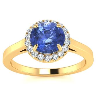 1 Carat Round Shape Tanzanite and Halo Diamond Ring In 14 Karat Yellow Gold