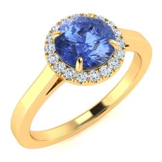 1 Carat Round Shape Tanzanite and Halo Diamond Ring In 14 Karat Yellow Gold