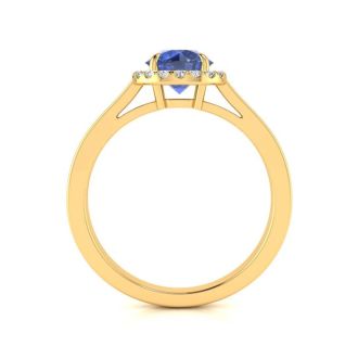 1 Carat Round Shape Tanzanite and Halo Diamond Ring In 14 Karat Yellow Gold