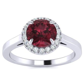 Garnet Ring: Garnet Jewelry: 1 1/4 Carat Round Shape Garnet and Halo Diamond Ring In 14 Karat White Gold