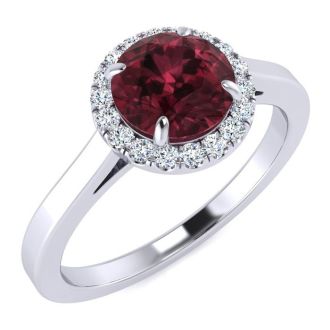 Garnet Ring: Garnet Jewelry: 1 1/4 Carat Round Shape Garnet and Halo Diamond Ring In 14 Karat White Gold