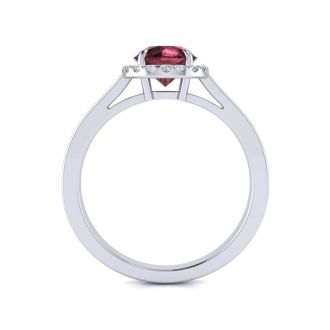 Garnet Ring: Garnet Jewelry: 1 1/4 Carat Round Shape Garnet and Halo Diamond Ring In 14 Karat White Gold