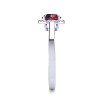 Garnet Ring: Garnet Jewelry: 1 1/4 Carat Round Shape Garnet and Halo Diamond Ring In 14 Karat White Gold