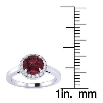 Garnet Ring: Garnet Jewelry: 1 1/4 Carat Round Shape Garnet and Halo Diamond Ring In 14 Karat White Gold