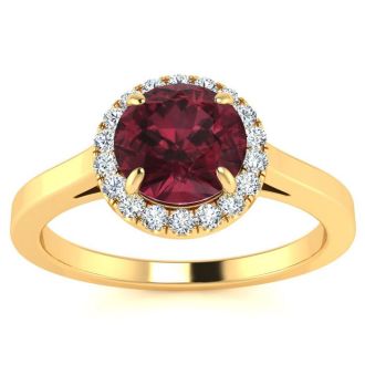 Garnet Ring: Garnet Jewelry: 1 1/4 Carat Round Shape Garnet and Halo Diamond Ring In 14 Karat Yellow Gold