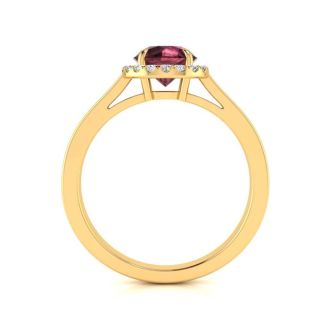 Garnet Ring: Garnet Jewelry: 1 1/4 Carat Round Shape Garnet and Halo Diamond Ring In 14 Karat Yellow Gold