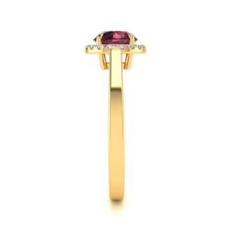 Garnet Ring: Garnet Jewelry: 1 1/4 Carat Round Shape Garnet and Halo Diamond Ring In 14 Karat Yellow Gold