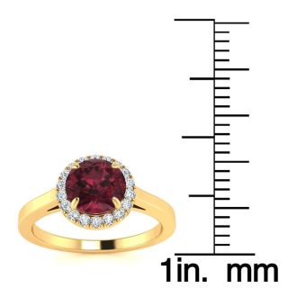 Garnet Ring: Garnet Jewelry: 1 1/4 Carat Round Shape Garnet and Halo Diamond Ring In 14 Karat Yellow Gold
