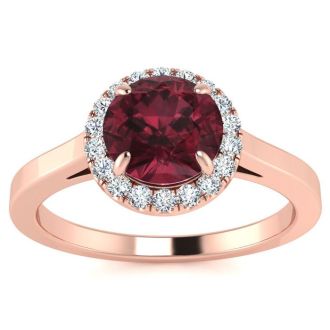 Garnet Ring: Garnet Jewelry: 1 1/4 Carat Round Shape Garnet and Halo Diamond Ring In 14 Karat Rose Gold