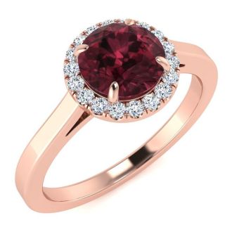 Garnet Ring: Garnet Jewelry: 1 1/4 Carat Round Shape Garnet and Halo Diamond Ring In 14 Karat Rose Gold