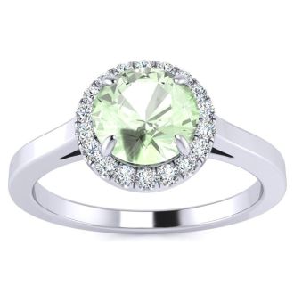 3/4 Carat Round Shape Green Amethyst and Halo Diamond Ring In 14 Karat White Gold