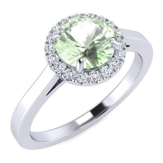 3/4 Carat Round Shape Green Amethyst and Halo Diamond Ring In 14 Karat White Gold