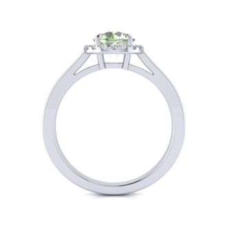 3/4 Carat Round Shape Green Amethyst and Halo Diamond Ring In 14 Karat White Gold