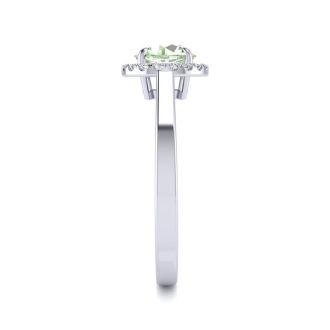 3/4 Carat Round Shape Green Amethyst and Halo Diamond Ring In 14 Karat White Gold