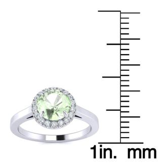 3/4 Carat Round Shape Green Amethyst and Halo Diamond Ring In 14 Karat White Gold