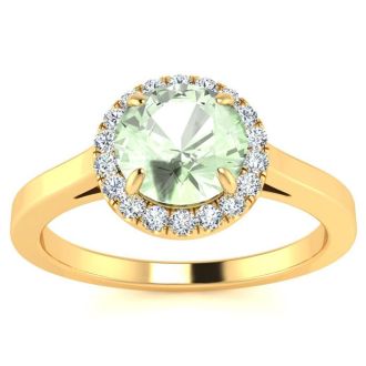 3/4 Carat Round Shape Green Amethyst and Halo Diamond Ring In 14 Karat Yellow Gold