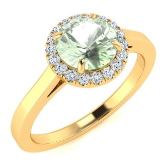 3/4 Carat Round Shape Green Amethyst and Halo Diamond Ring In 14 Karat Yellow Gold