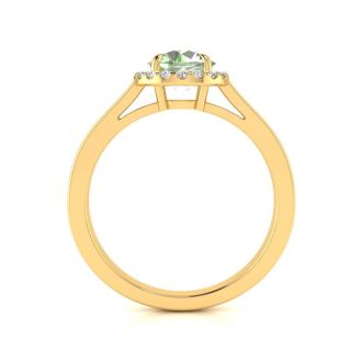 3/4 Carat Round Shape Green Amethyst and Halo Diamond Ring In 14 Karat Yellow Gold