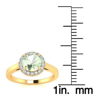 3/4 Carat Round Shape Green Amethyst and Halo Diamond Ring In 14 Karat Yellow Gold