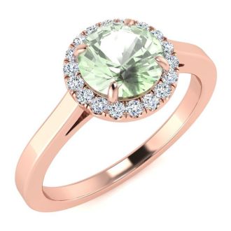 3/4 Carat Round Shape Green Amethyst and Halo Diamond Ring In 14 Karat Rose Gold