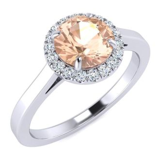 1 Carat Round Shape Morganite and Halo Diamond Ring In 14 Karat White Gold