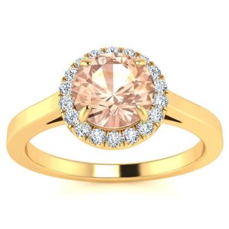 1 Carat Round Shape Morganite and Halo Diamond Ring In 14 Karat Yellow Gold