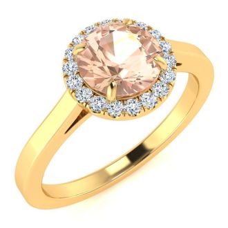 1 Carat Round Shape Morganite and Halo Diamond Ring In 14 Karat Yellow Gold