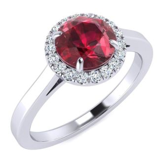 1 Carat Round Shape Ruby and Halo Diamond Ring In 14 Karat White Gold