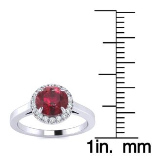 1 Carat Round Shape Ruby and Halo Diamond Ring In 14 Karat White Gold