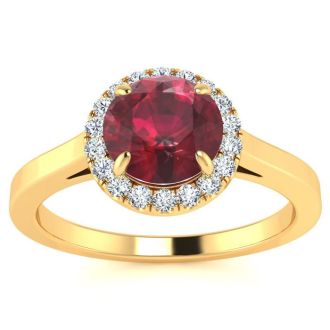 1 Carat Round Shape Ruby and Halo Diamond Ring In 14 Karat Yellow Gold