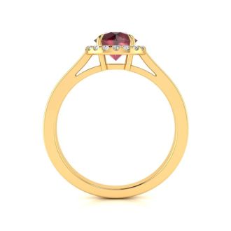 1 Carat Round Shape Ruby and Halo Diamond Ring In 14 Karat Yellow Gold