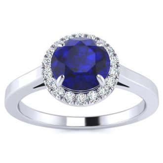 1 Carat Round Shape Sapphire and Halo Diamond Ring In 14 Karat White Gold