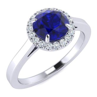 1 Carat Round Shape Sapphire and Halo Diamond Ring In 14 Karat White Gold