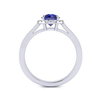 1 Carat Round Shape Sapphire and Halo Diamond Ring In 14 Karat White Gold