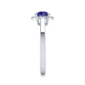 1 Carat Round Shape Sapphire and Halo Diamond Ring In 14 Karat White Gold