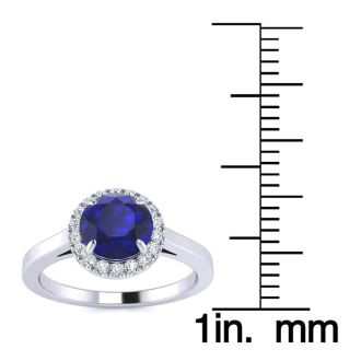 1 Carat Round Shape Sapphire and Halo Diamond Ring In 14 Karat White Gold